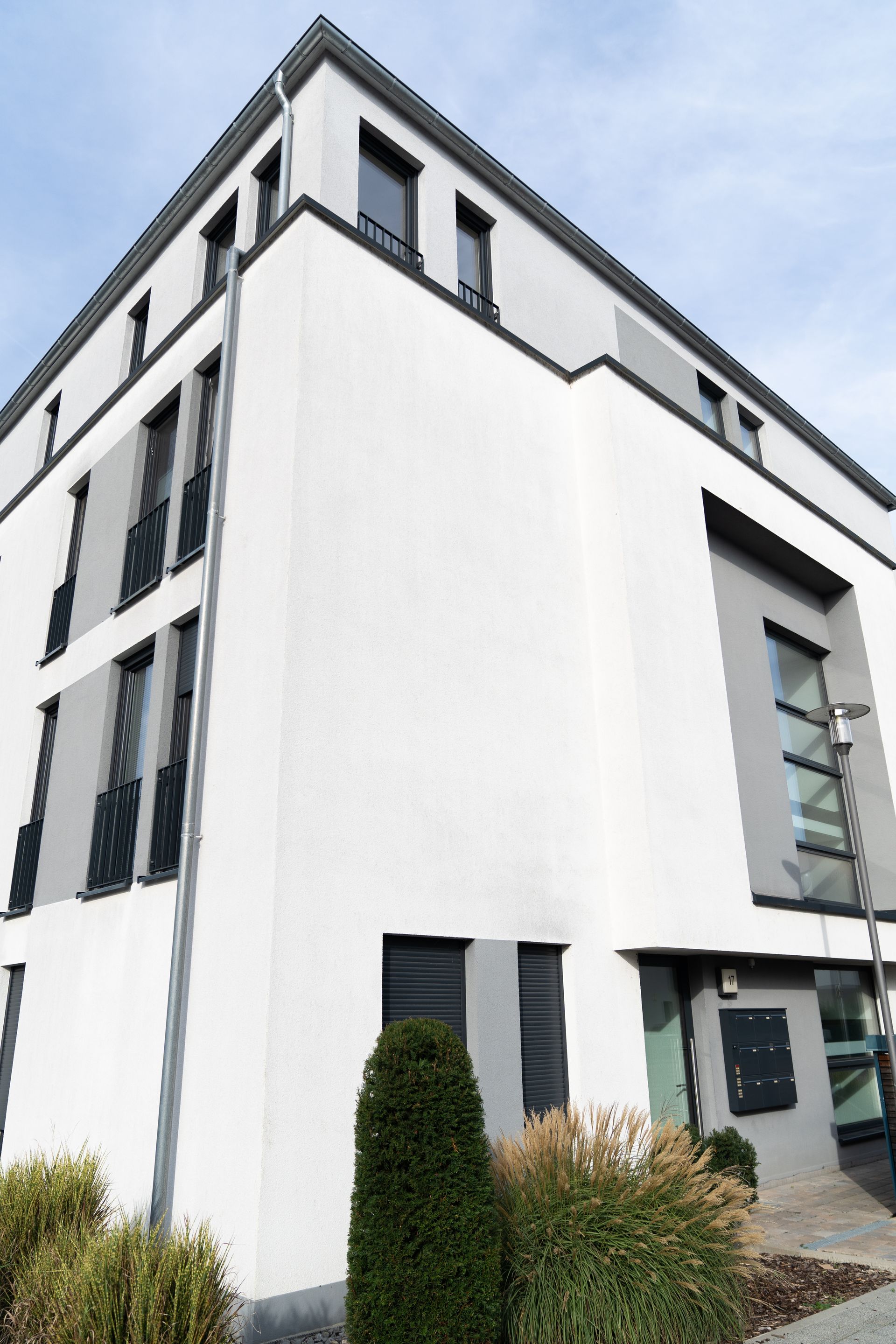 Frisch gereinigtes weißes Stadthaus mit heller Putzfassade und Ziergräsern im Vorgarten.